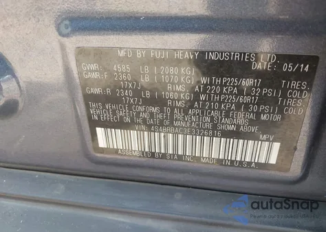 2014 Subaru Outback 2.5I from USA, damaged, VIN 4S4BRBAC3E3326816